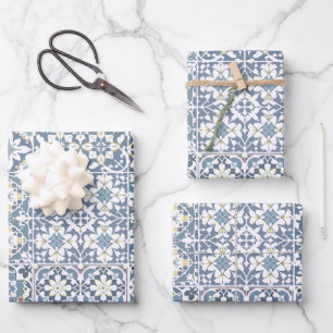 Feuille De Papier Cadeau Carreaux méditerranéens, marocains, majolique, Azu