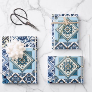 Feuille De Papier Cadeau Carreaux Méditerranéens, Portugais, Azulejo, Majol