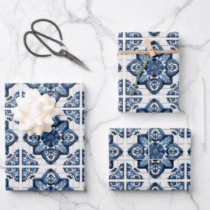 Feuille De Papier Cadeau Carreaux Méditerranéens, Portugais, Azulejo, Majol