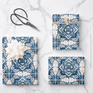 Feuille De Papier Cadeau Carreaux Méditerranéens, Portugais, Azulejo, Majol