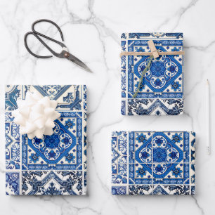 Feuille De Papier Cadeau Carreaux Méditerranéens, Portugais, Azulejo, Majol