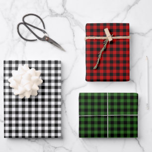 Feuille De Papier Cadeau Carreaux Rustiques Bûcheron Rouge Vert Noir Blanc