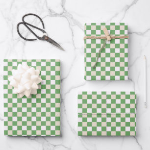 Feuille De Papier Cadeau Carreaux verts, beige et blanc classiques