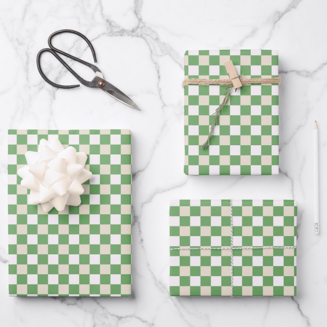 Feuille De Papier Cadeau Carreaux verts, beige et blanc classiques  (Recto)