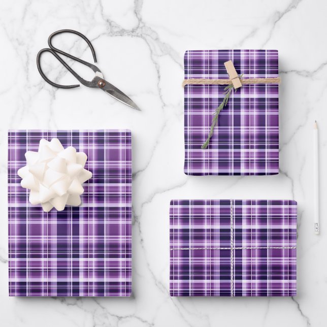 Feuille De Papier Cadeau Carreaux violet et blanc (Recto)