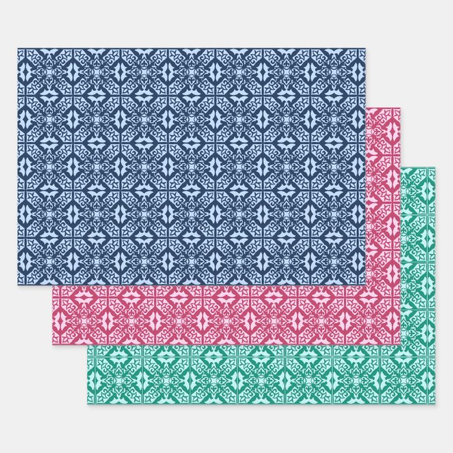 Feuille De Papier Cadeau Carrelage marocain, Bleu, Fuchsia Rose, Turquoise  (Lot)