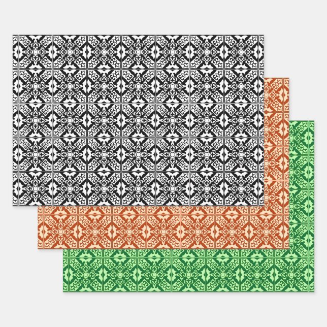 Feuille De Papier Cadeau Carrelage marocain, Noir/Blanc, Orange, Jade Green (Lot)