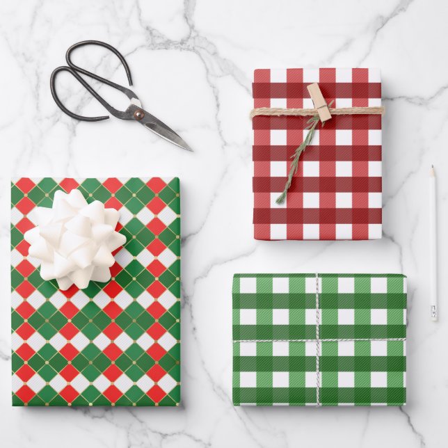 Feuille De Papier Cadeau Carrés rouges et verts  (Recto)