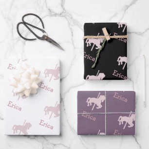 Feuille De Papier Cadeau Carrousel rose Cheval Motif Nom de la fille Annive