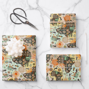 Feuille De Papier Cadeau Carte d'Afrique Éléments Tribaux Décoratifs Motif