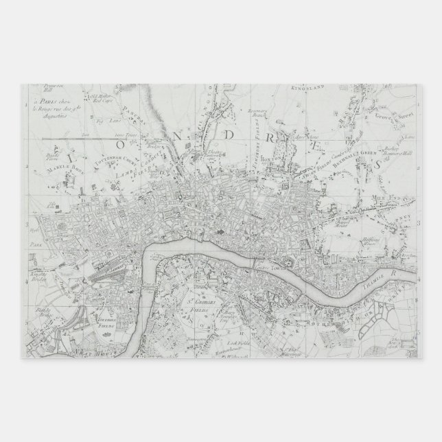 Feuille De Papier Cadeau Carte de la vieille ville de Londres en noir et bl (Devant)