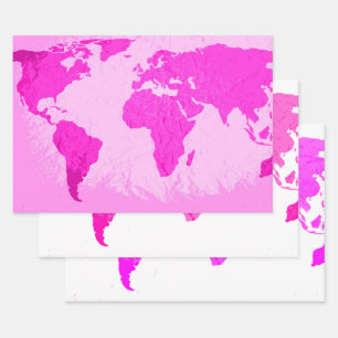 Feuille De Papier Cadeau Carte du monde Voyageur Abstrait Pink Purple Multi