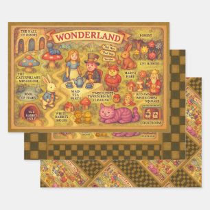 Feuille De Papier Cadeau Carte Fantaisiste des Aventures d'Alice au Pays de