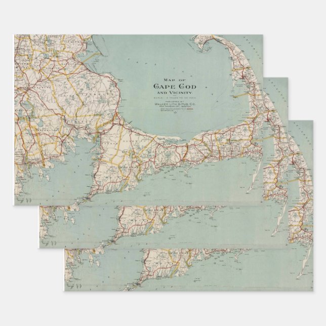 Feuille De Papier Cadeau Carte vintage de Cape Cod, Massachusetts (Lot)