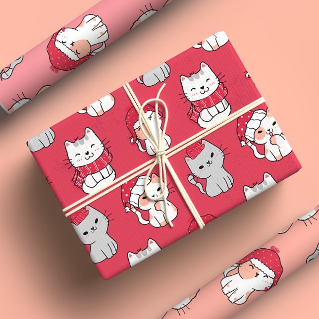 Feuille De Papier Cadeau Carton blanc mignon Noël de chat (Créateur téléchargé)
