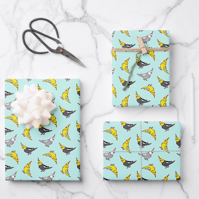 Feuille De Papier Cadeau Cartoon Cockatiels Motif (Recto)