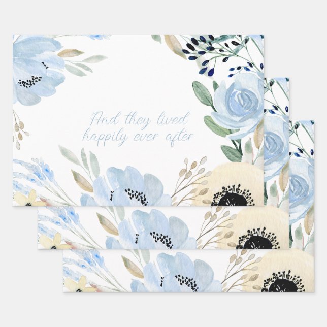 Feuille De Papier Cadeau Cascade bleue Fleurs Cadre personnalisé (Lot)