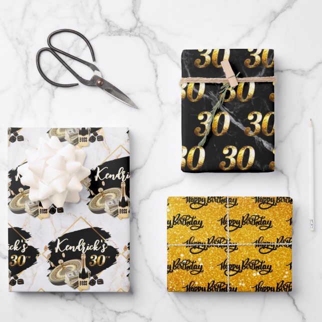 Feuille De Papier Cadeau Casino Black & Gold Hommes 30e anniversaire (Recto)