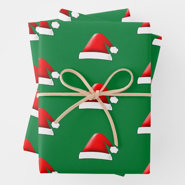 Feuille De Papier Cadeau Casquette De Noël Santas Motif En Rouge Et Vert (En situation)