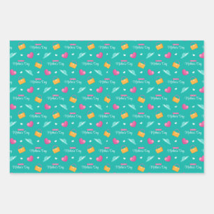 Feuille De Papier Cadeau Casquettes, sacs à main et Coeurs Turquoise Fête d