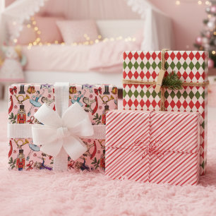 Feuille De Papier Cadeau Casse-Noisette Féminin Rouge et Rose de Noël