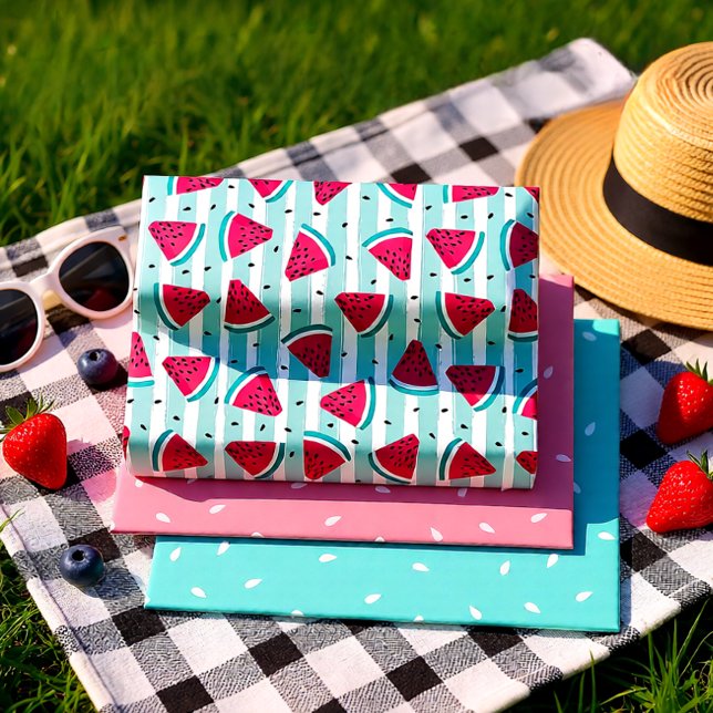 Feuille De Papier Cadeau Castèque rose et bleu set 3 (Watermelon Bliss – Pink & Aqua Summer Wrapping Paper Sheets)