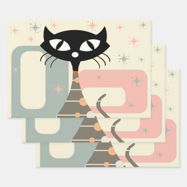 Feuille De Papier Cadeau Cat du milieu du siècle moderne (Lot)