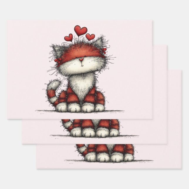 Feuille De Papier Cadeau Cat with Red Love Hearts Cute and Funny (Lot)
