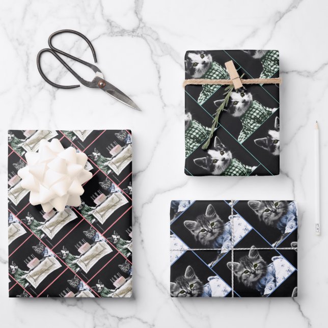 Feuille De Papier Cadeau Cats celebrating a birthday with cake and candles (Recto)