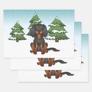 Feuille De Papier Cadeau Cavalier King Charles Spaniel noir et feu en hiver