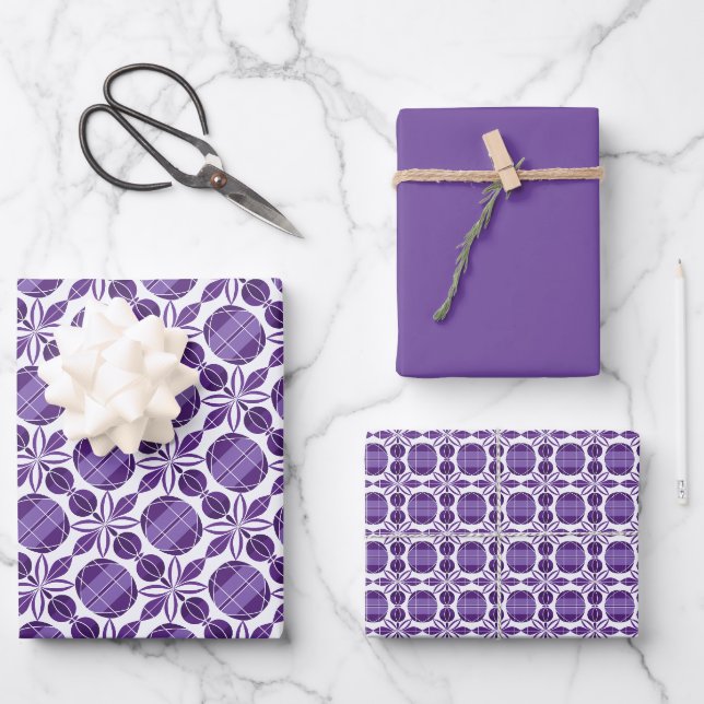Feuille De Papier Cadeau Cercles et Motif de fleurs - Violet (Recto)