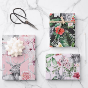 Feuille De Papier Cadeau Cerf léopard gris rose noir pivoines floral