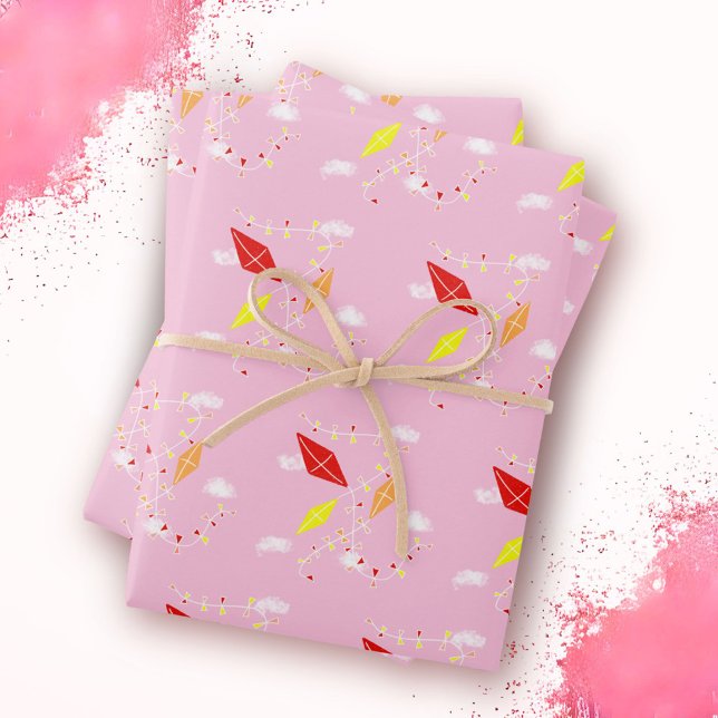 Feuille De Papier Cadeau Cerfs-volants dans le ciel Motif rose fille (Créateur téléchargé)