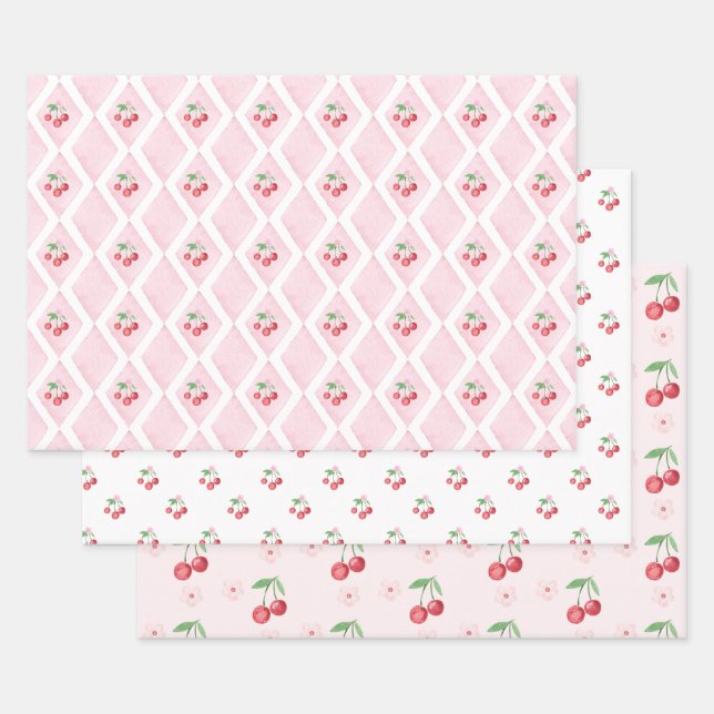Feuille De Papier Cadeau Cerise sur le Baby shower de coquette rose Aquarel (Lot)