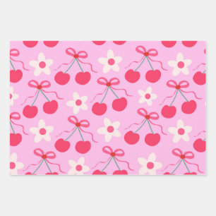 Feuille De Papier Cadeau Cerises Coquettes avec Rubans Rouges et Fleurs Bla