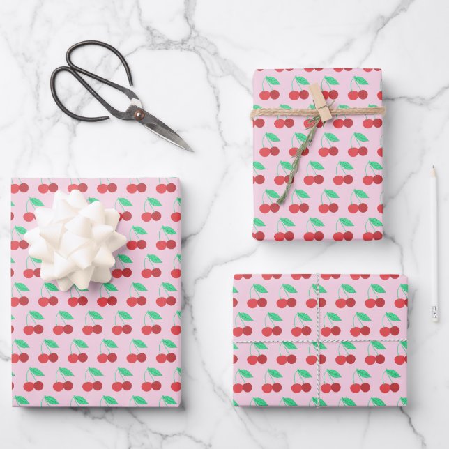 Feuille De Papier Cadeau Cerises gaies Fruity Fun Rouge Vert Rose (Recto)