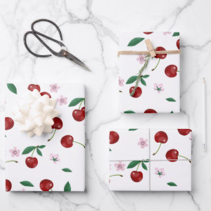 Feuille De Papier Cadeau Cerises rouges botaniques Verdure et fleurs