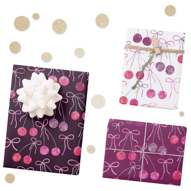 Feuille De Papier Cadeau Cerises Rubans et Bows Motif d'aquarelle (Cherries Ribbons and Bows watercolor pattern gift wrapping paper sheets)