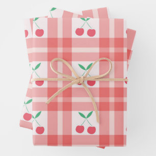 Feuille De Papier Cadeau Cerises sur motif carreaux rouge à gingham 