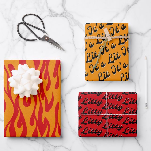 Feuille De Papier Cadeau C'est Lit Fun Rouge & Orange Flames Motif (Recto)