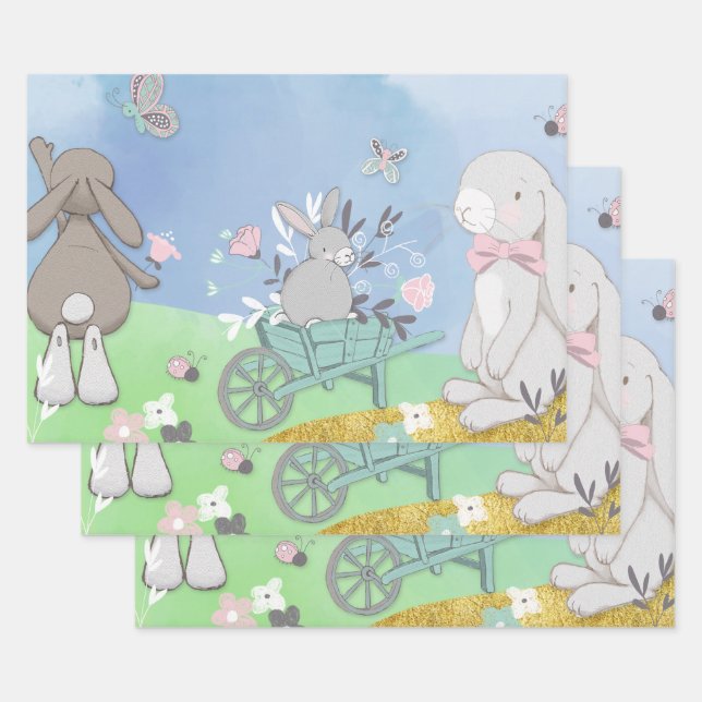 Feuille De Papier Cadeau Champ de lapins de printemps (Lot)
