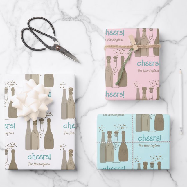 Feuille De Papier Cadeau Champagne personnalisé blanc rose Aqua Cool rétro (Recto)