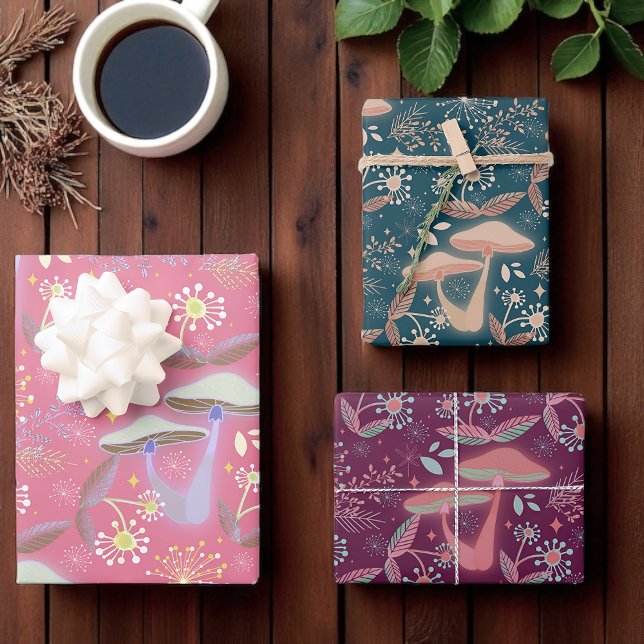 Feuille De Papier Cadeau Champignons enchantés, Flore forestière, Whimsical (Whimsical mushroom & floral wrap woodland charm for birthdays, holidays, and nature-loving gifts.)