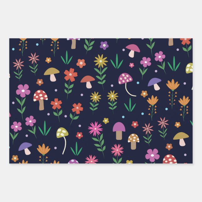 Feuille De Papier Cadeau Champignons magiques avec Motif Fleurs Whimsical (Devant)