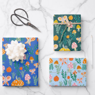 Feuille De Papier Cadeau Champignons magiques Mignons Papillons Escargots L