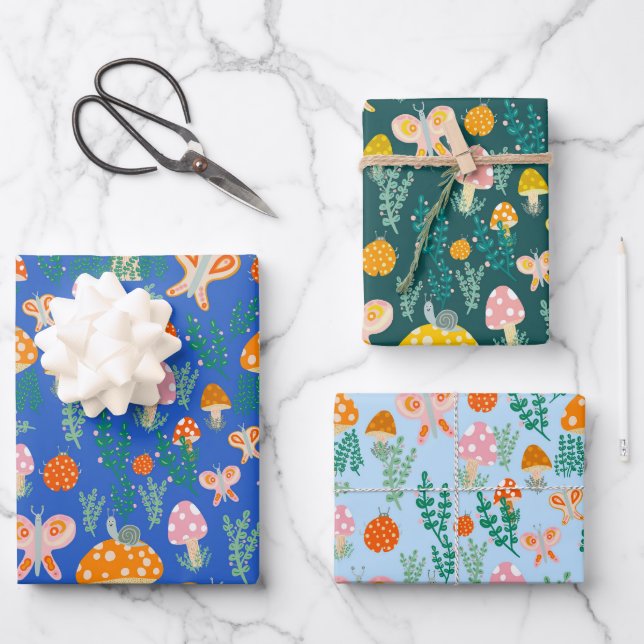 Feuille De Papier Cadeau Champignons magiques Mignons Papillons Escargots L (Recto)