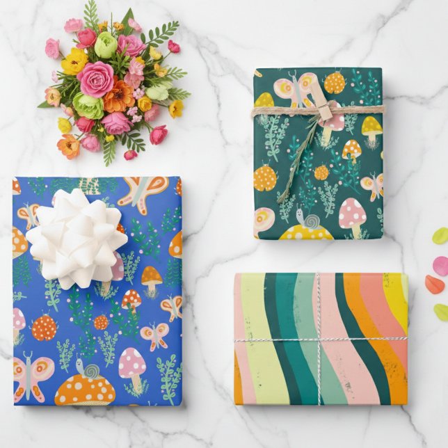 Feuille De Papier Cadeau Champignons magiques Mignons Papillons Escargots L (Magic Mushrooms Cute Butterflies Snails Ladybugs Hand-drawn Colorful Wrapping Paper Sheets
)