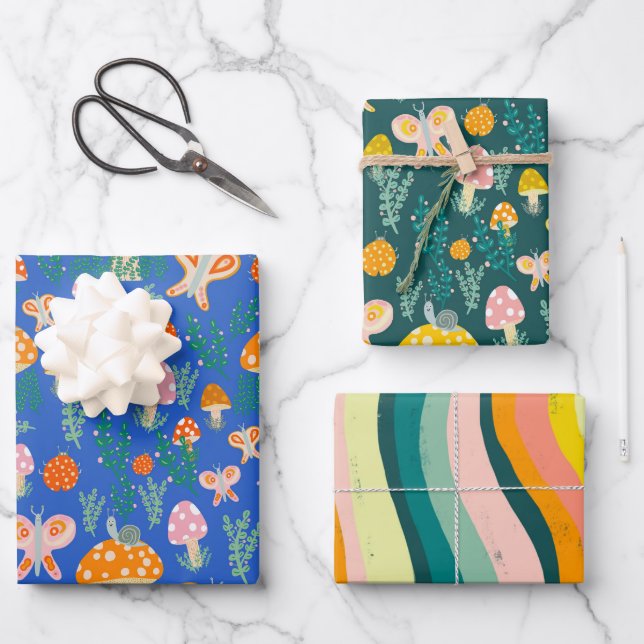 Feuille De Papier Cadeau Champignons magiques Mignons Papillons Escargots L (Recto)