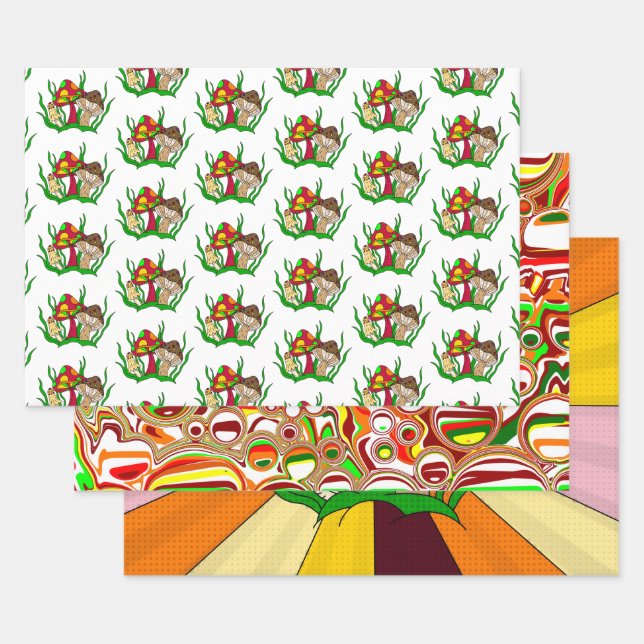 Feuille De Papier Cadeau Champignons Retro Nostalgale Abstrait Popart (Lot)