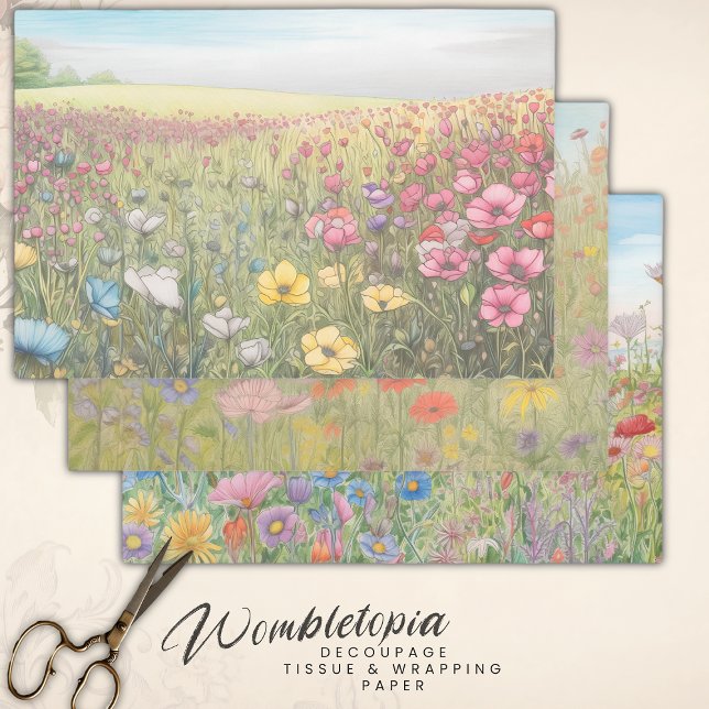 Feuille De Papier Cadeau Champs Fleurs sauvages Pastel | Découpage poids lo (Créateur téléchargé)